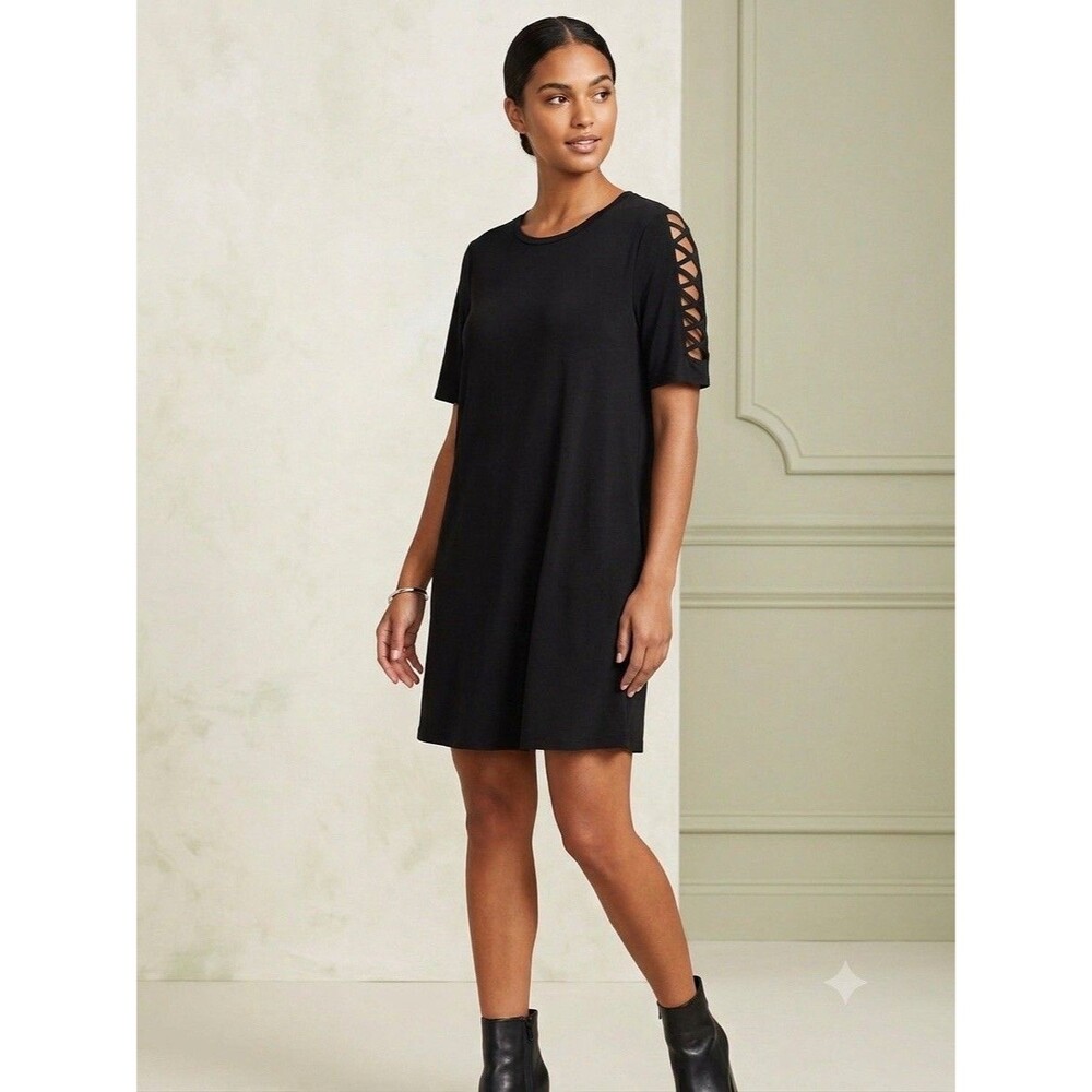 Michael Kors Womens 2X Midi Dress Black Stretch Cotton Cutout Short Sleeve Logo